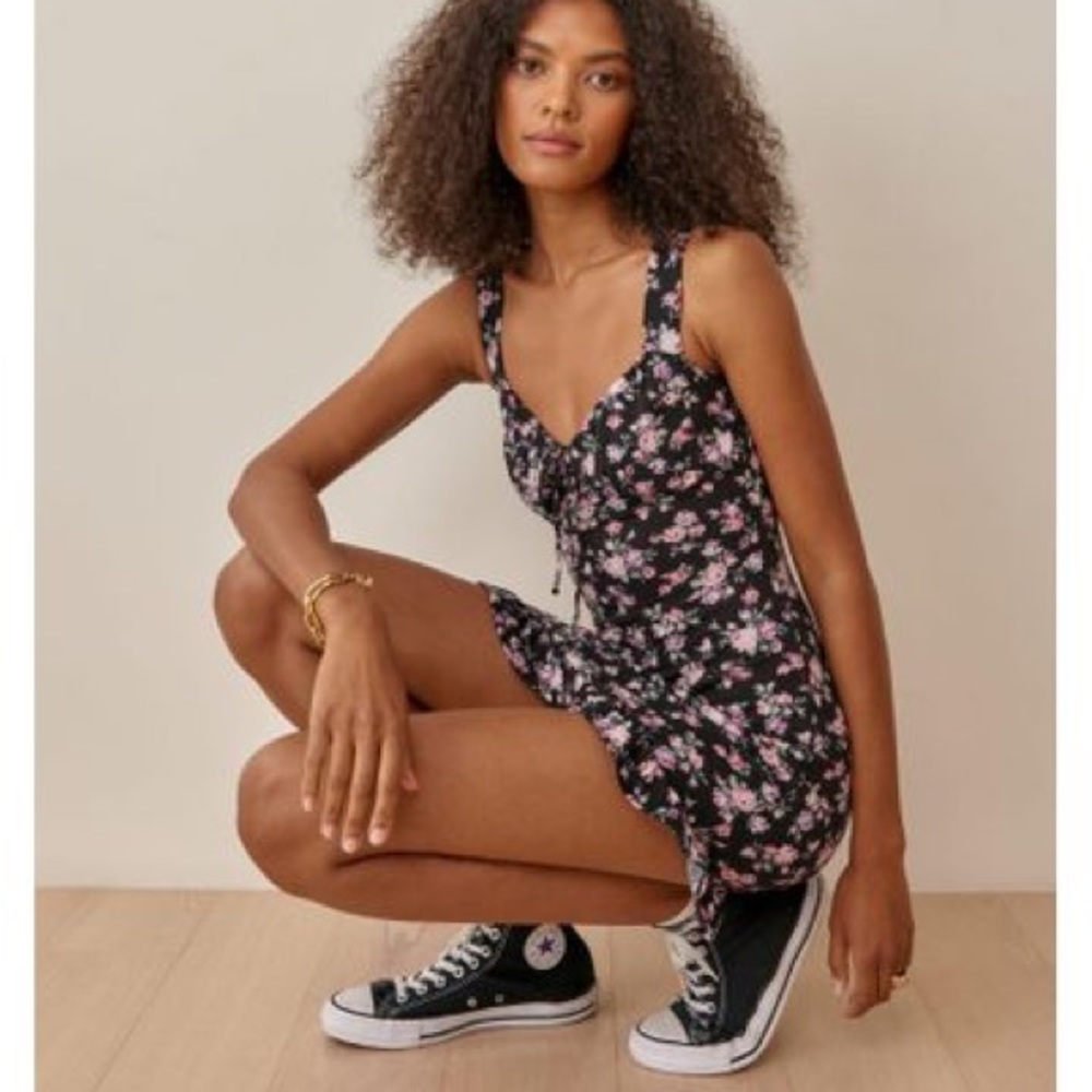 NWT Reformation Nevada Mini Dress Size 12 Black Floral Cotton Stretchy 🌹🌸💐